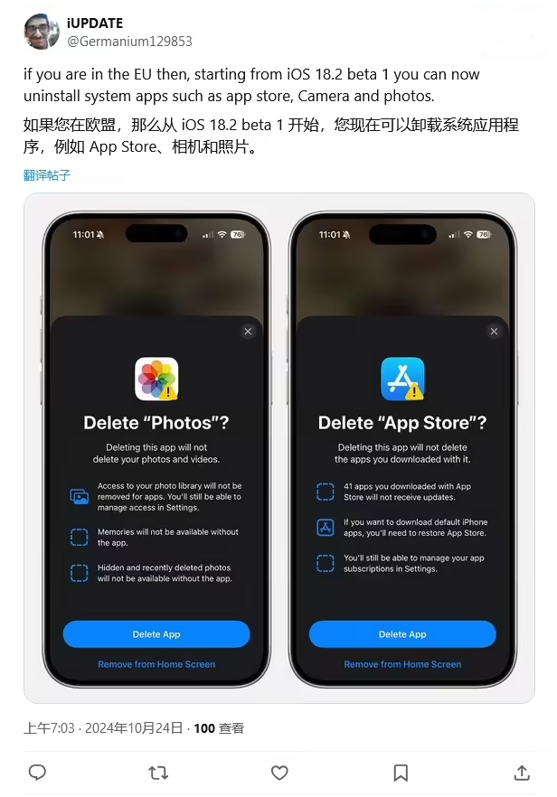 保亭苹果手机维修分享iOS 18.2 支持删除 App Store 应用商店 