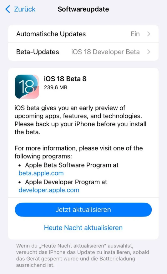 保亭苹果手机维修分享苹果 iOS / iPadOS 18 开发者预览版 Beta 8 发布 